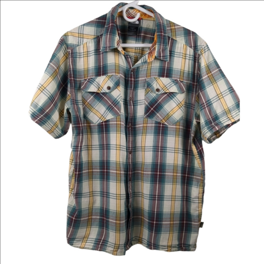 THE NORTH FACE Button-Up Short-Sleeve Plaid Shirt Large Outdoor Hiking Pockets